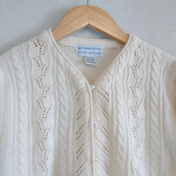 Vintage Woodward & Lothrop Silk Angora Pointelle Cable Knit Sweater Sz M Preppy - Picture 5 of 9